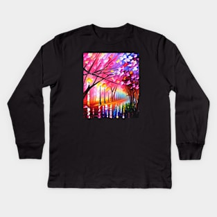 Spring rain through the cherry trees Kids Long Sleeve T-Shirt